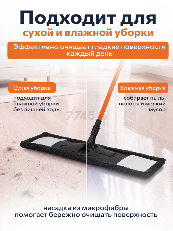 Швабра для пола PERFECTO LINEA Самба с насадкой из микрофибры черная (43-391010) - Фото 4