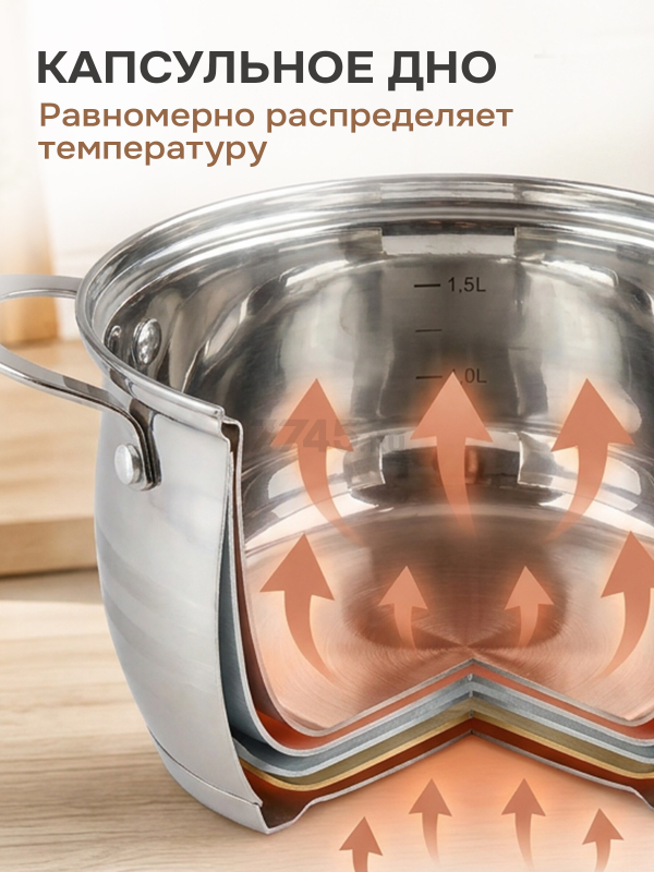 Кастрюля из нержавеющей стали 3,1 л PERFECTO LINEA Arcelia (50-120100) - Фото 4