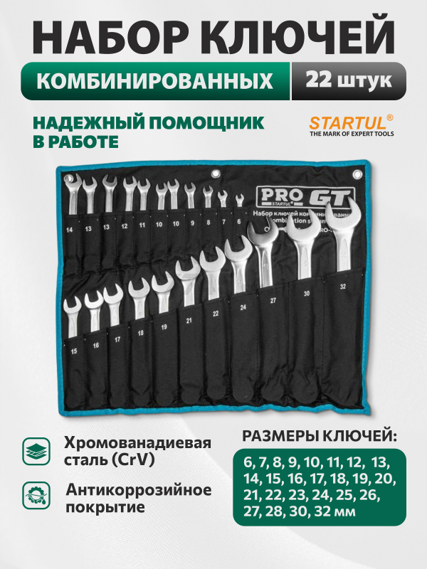 Набор ключей комбинированных 6-32 мм 22 предмета PRO STARTUL GT (PRO-81022)