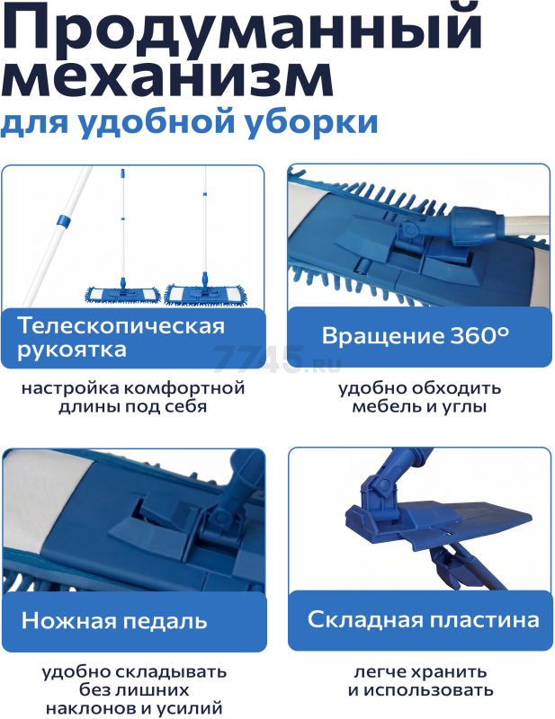 Швабра для пола PERFECTO LINEA с насадкой из шенилла синяя (43-401012) - Фото 3