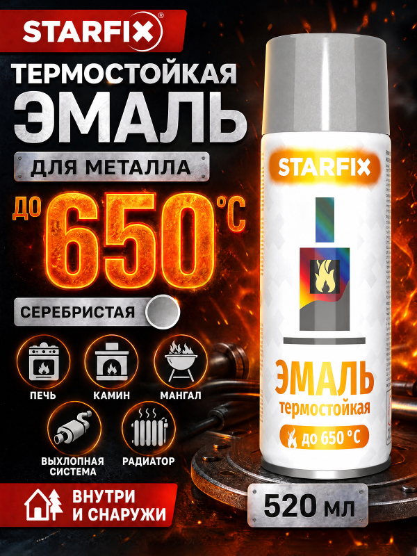 Краска-эмаль аэрозольная термостойкая силиконовая STARFIX серебристый 520мл (SM-39874-1)