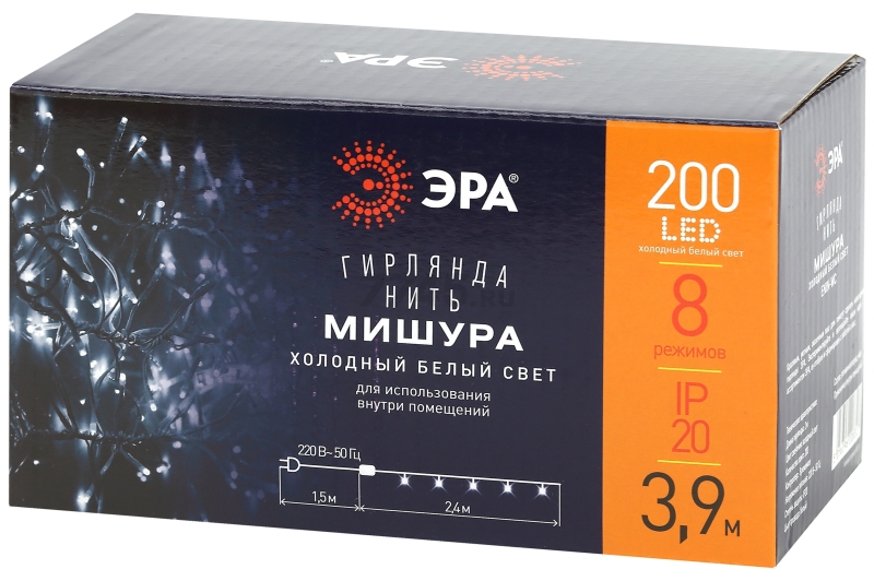 Гирлянда новогодняя светодиодная ЭРА Enin-WC Мишура 3,9 м 200 диодов белый/белый провод - Фото 10