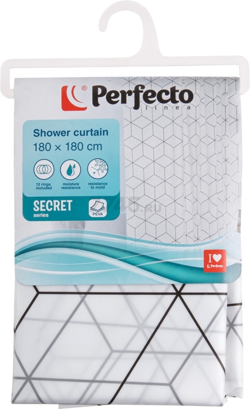 Штора для ванной комнаты 180х180 с кольцами PERFECTO LINEA Secret геометрия белая (36-118001) - Фото 3