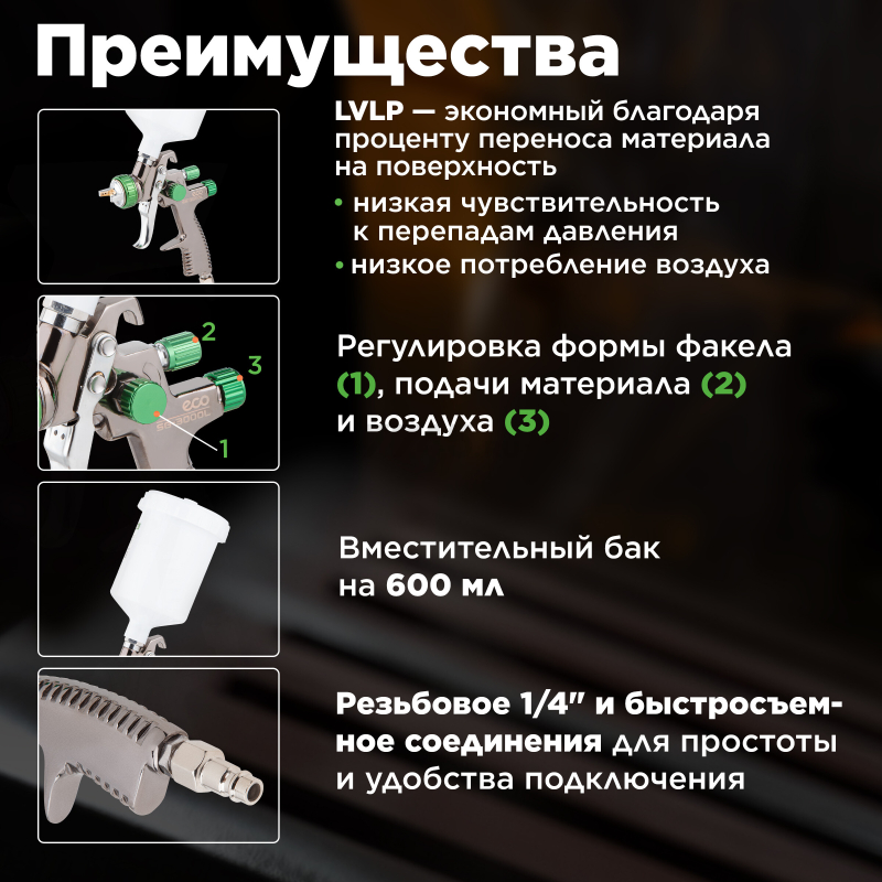 Краскопульт пневматический ECO SG-3000L (EC1532-14) - Фото 2