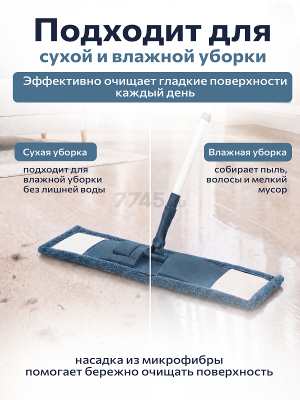 Швабра для пола PERFECTO LINEA с насадкой из микрофибры темно-синяя (43-392023) - Фото 4