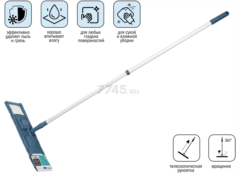 Швабра для пола PERFECTO LINEA с насадкой из микрофибры темно-синяя (43-392023) - Фото 11