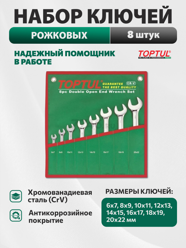 Набор ключей рожковых 6-22 мм 8 предметов TOPTUL (GAAA0812)