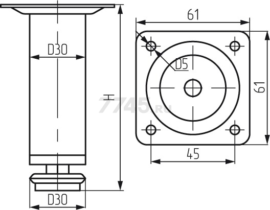 Опора мебельная STARFIX круглая d30х100 мм хром (SMF-3095) - Фото 2