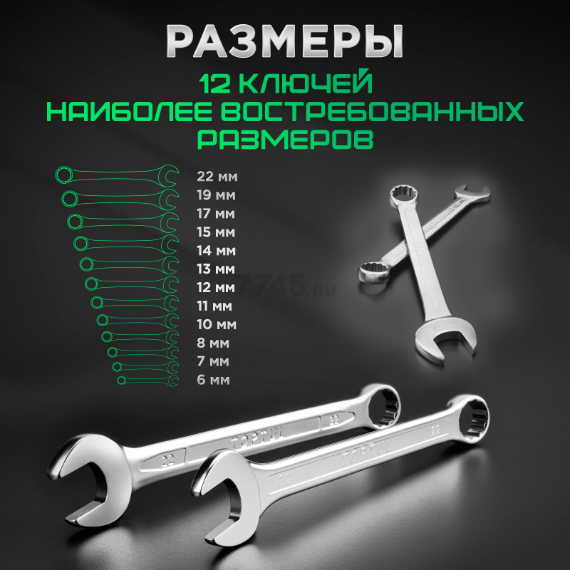 Набор ключей комбинированных 6-22 мм 12 предметов TOPTUL (GAAA1213) - Фото 3