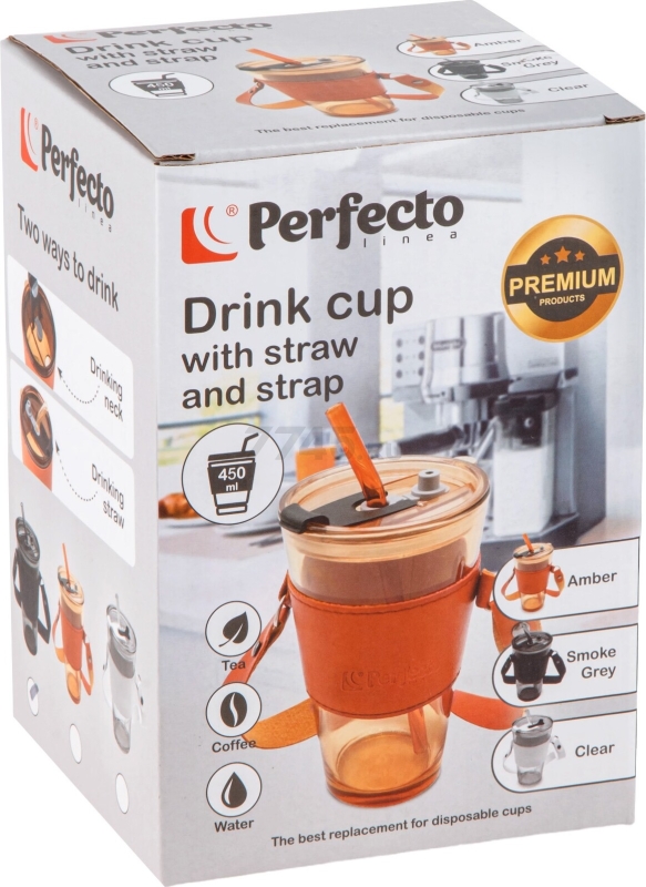 Стакан стеклянный для напитков с трубочкой, капхолдером и ремешком PERFECTO LINEA Clear 450 мл (31-450301) - Фото 7