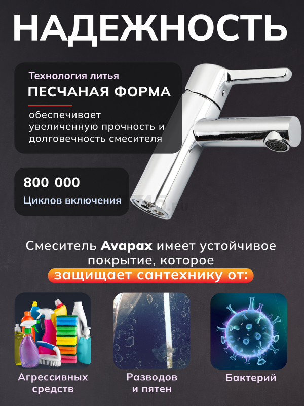 Смеситель для умывальника AVAPAX серия Aller хром (AP07111C) - Фото 3