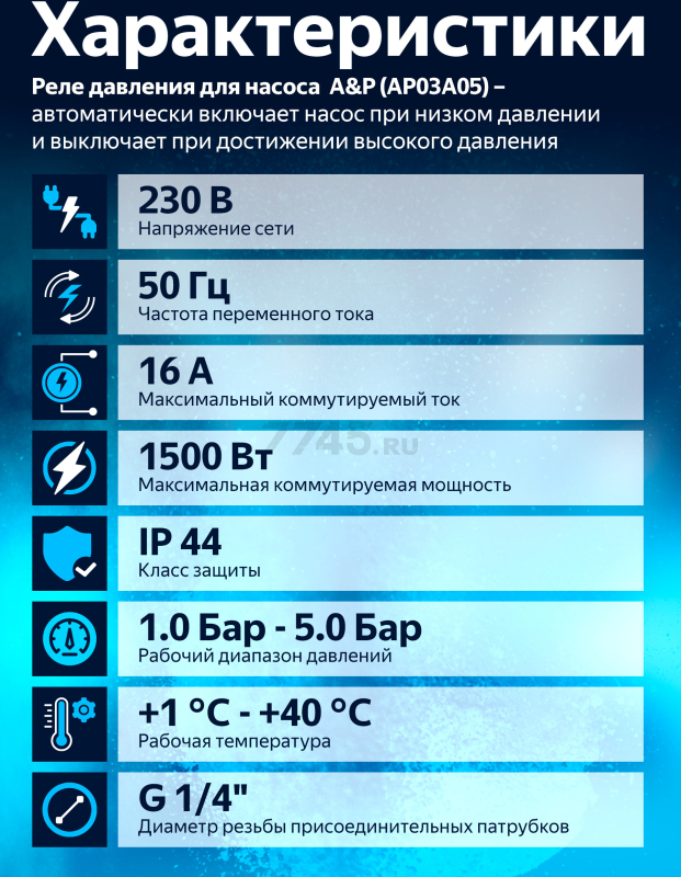 Реле давления для насоса 1/4" наружная резьба A&P (AP03A05) - Фото 2