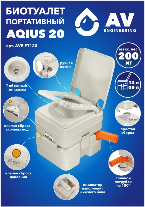 Биотуалет портативный AV ENGINEERING Aqius 20 (AVE-PT120) - Фото 23