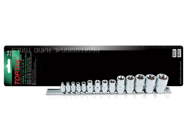 Набор головок 1/4", 3/8", 1/2" "звездочка" E4-E24 мм 14 предметов на подвесе TOPTUL (GAAR1402)
