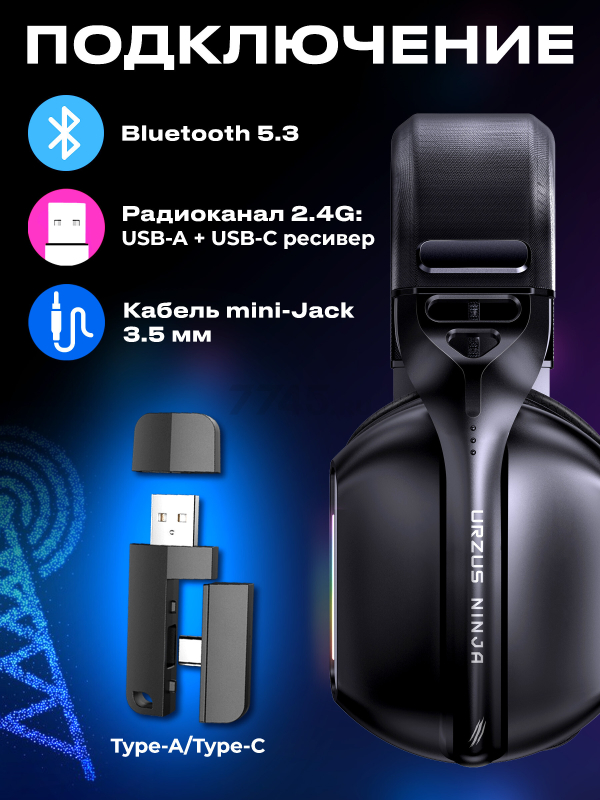 Наушники-гарнитура игровые беспроводные URZUS Ninja (UR-5524115) - Фото 6