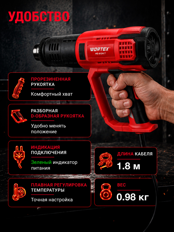 Фен строительный (термовоздуходувка) WORTEX HG 6124 T (1334742) - Фото 4
