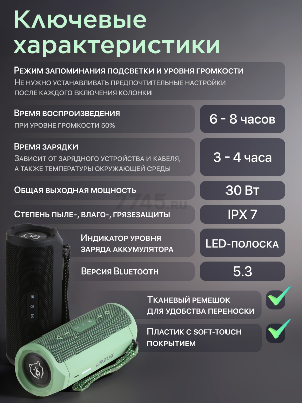 Колонка портативная беспроводная URZUS Riff Green (UR-541111) - Фото 7