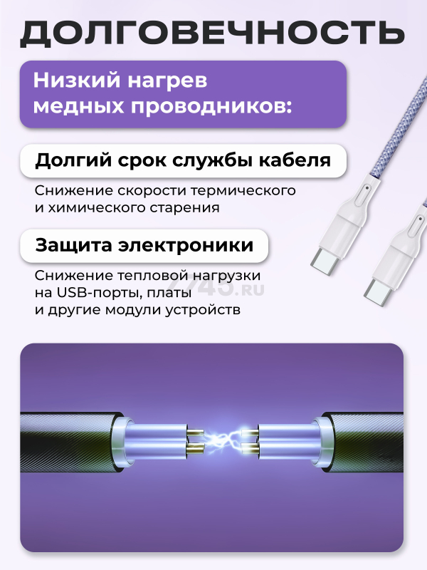 Кабель USB KEIZEN KZ-5289103, Type-C - Type-C, PD100W, 1 м, лиловый - Фото 4