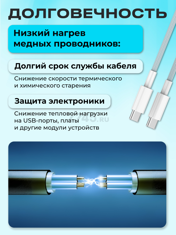 Кабель USB KEIZEN KZ-5289105, Type-C - Type-C, PD65W, 1 м, голубой - Фото 4