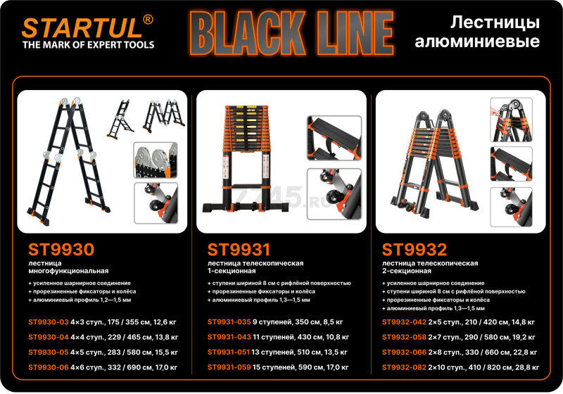 Лестница-трансформер алюминиевая 465 см STARTUL Black Line (ST9930-04) - Фото 14