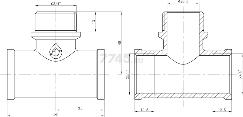 Тройник латунный 3/4" с внутренней резьбой AV ENGINEERING (AVE306010) - Фото 2