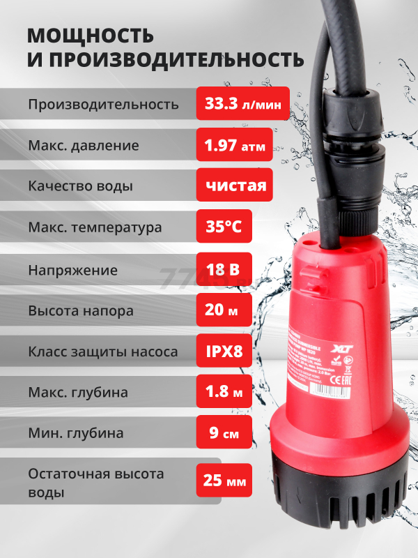 Насос дренажный аккумуляторный WORTEX WP 1820 ALL1 XLT Solo (1334869) - Фото 5