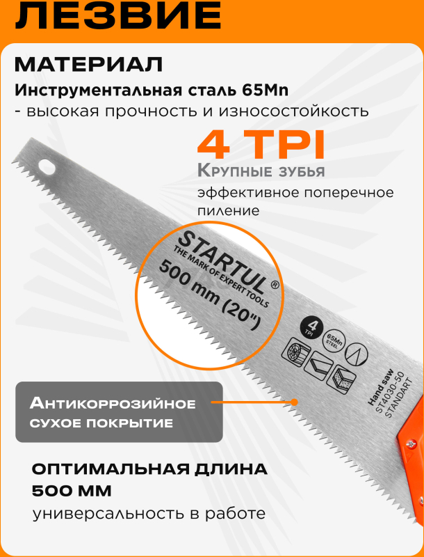 Ножовка по дереву 500 мм 4 TPI STARTUL Standart (ST4030-50) - Фото 2