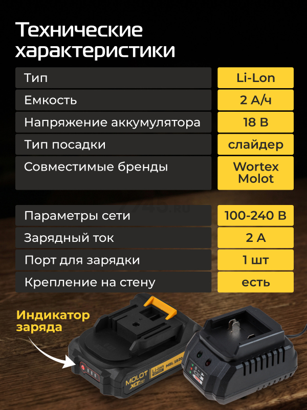 Комплект аккумулятор 18В 2 Ач и зарядное устройство MOLOT XLT Lite (2329089) - Фото 3