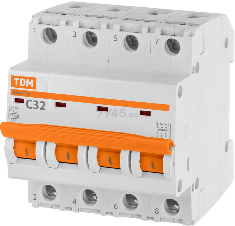 Автоматический выключатель TDM ВА47-29 4Р 32А С 4,5кА (SQ0206-0128)