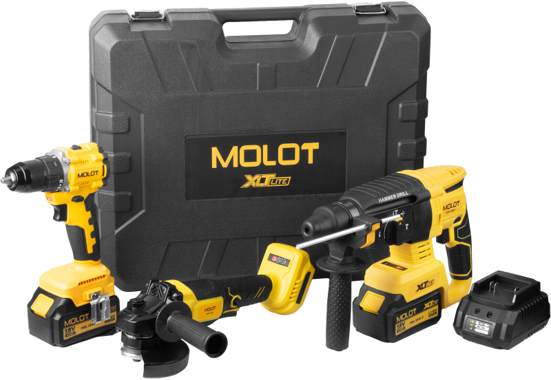 Набор аккумуляторный - шлифмашина угловая MOLOT MCAG 1812, перфоратор  MOLOT CRH 1814, дрель-шуруповерт MOLOT MBD 1825 Li XLT Lite SET (2318139) - Фото 3