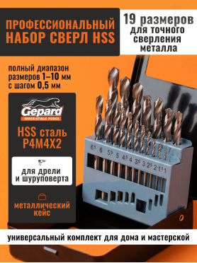 Набор сверл по металлу 1-10 мм 19 штук GEPARD 