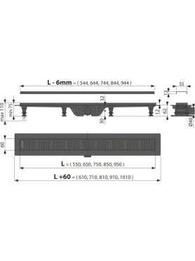 Водоотводящий желоб с порогами для перфорированной решетки чёрный Simple ALCAPLAST 