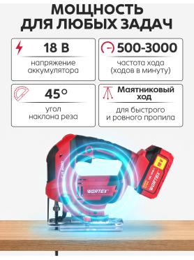 Лобзик аккумуляторный WORTEX CJS 8030 XLT SET 