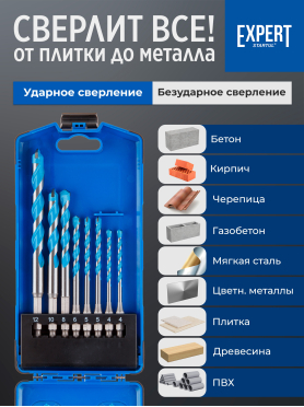 Набор сверл универсальных 4-12 мм 8 штук STARTUL MultiFunctional Expert 