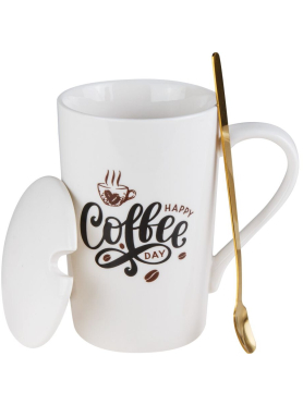 Кружка керамическая с крышкой и ложкой PERFECTO LINEA Coffee Day 350 мл 