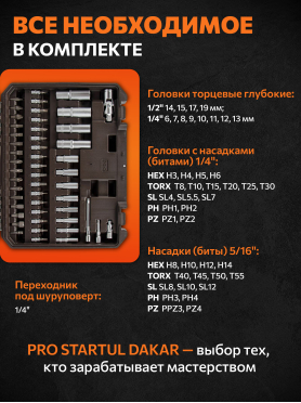 Набор инструментов 1/4", 1/2" 6 граней PRO STARTUL Dakar 94 предмета 