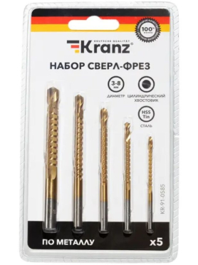 Набор cверл фрезерных по металлу 3-8 мм KRANZ Титан 5 штук 