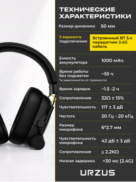 Наушники-гарнитура игровые беспроводные URZUS HeadShot 